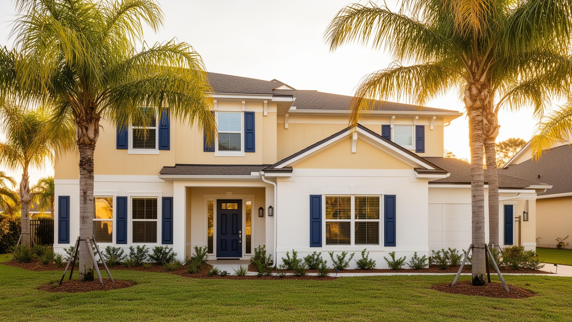 Freshly painted Florida home with palm trees